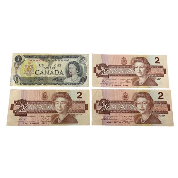 4 Vintage Canadian Bank Notes: 3x $2 Bills (1986) & $1 Bill (1973)