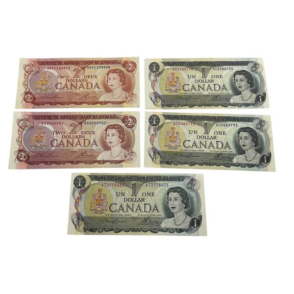 5 Vintage Canadian Bank Notes: 2x $2 Bills (1974) & 3x $1 (1973)