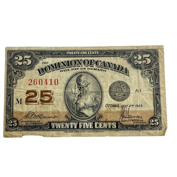 1923 Canadian Shinplaster 25cent Bank Note Bill