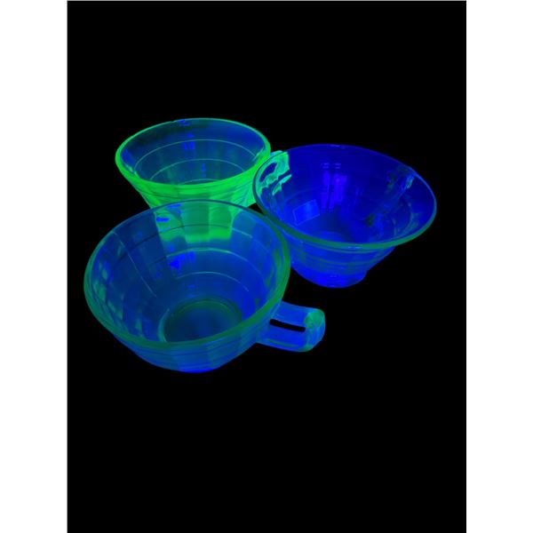 3 Vintage Uranium Glass Handled Cups