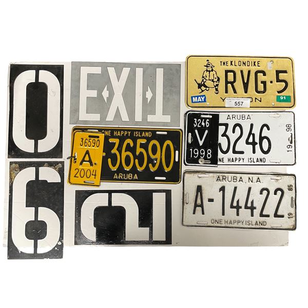 Assorted Vintage License Plates, Train Number Decals, & Exit Sign Decal (The Klondike, & Aruba)