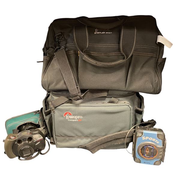 Assorted Vintage Electronics: Samsung Cameras, Sports Cassette Player, & 2 Camera Bags