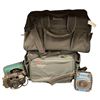 Image 1 : Assorted Vintage Electronics: Samsung Cameras, Sports Cassette Player, & 2 Camera Bags