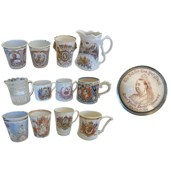 Assorted Royal Family Collectibles: Mugs, Pitcher, & Trivet