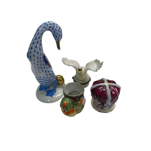4 Vintage Collectibles: Painted Egg Cup, 2 Porcelain Trinket Containers, & Hand Painted Herend Golde