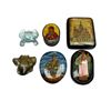 Image 1 : Vintage Variety Lot: 4 Lacquered Lidded Containers & 2 Art Glass Frog Paper Weights