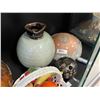 Image 2 : Large Vintage Variety Lot: Ceiling Shades, Porcelain Fruit basket, Pottery Vases, & Flower Frogs