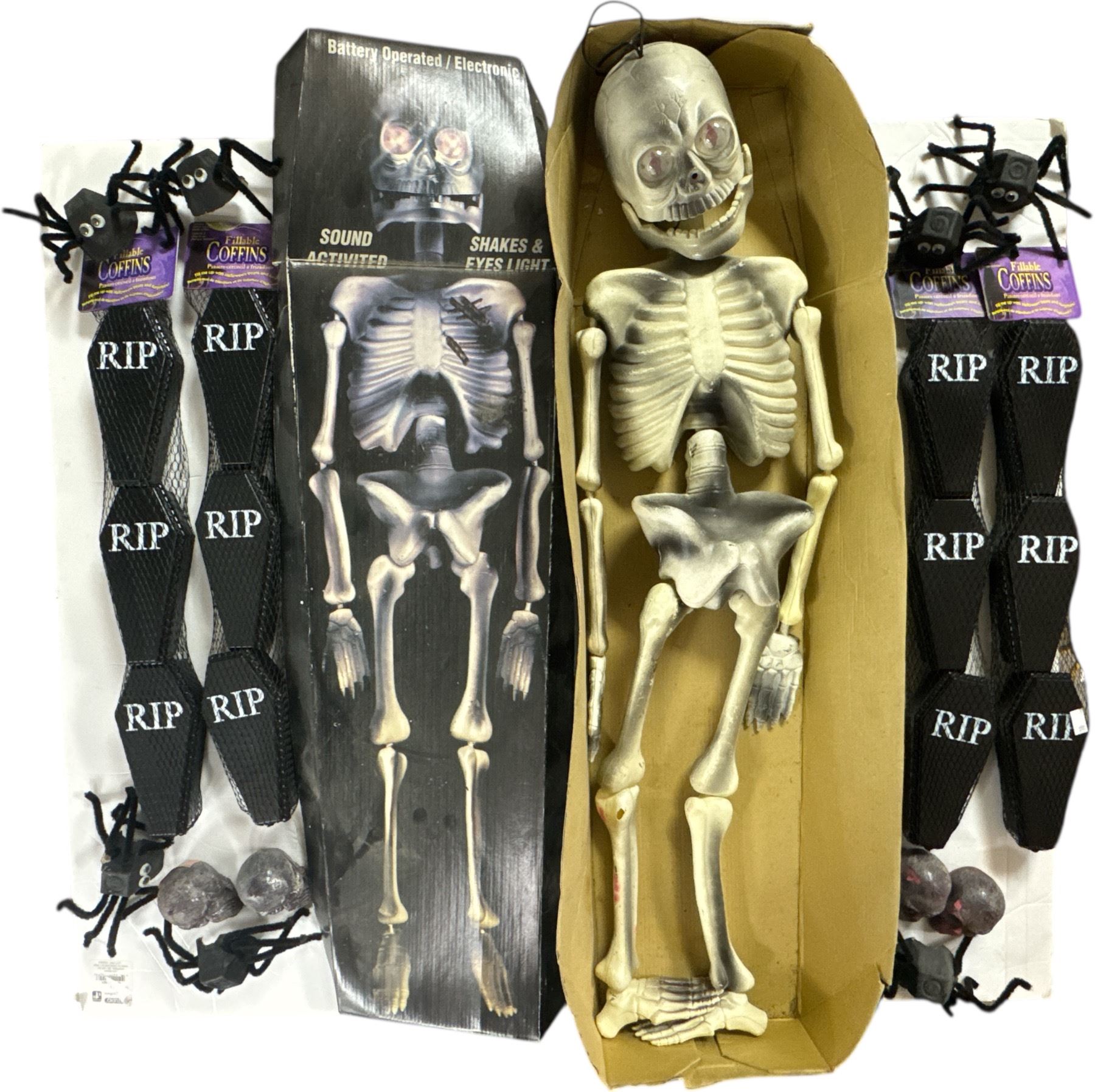 Assorted Halloween Décor; Casket Boxes and Battery Operated Skeleton