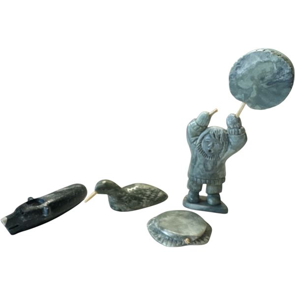 3pcs Of Vintage Inuit Hand Carved Soapstone Figures & Pipe