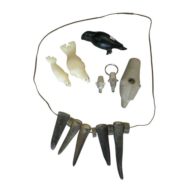 Assorted Inuit Hand Carved Soapstone & Bone Items: Pipe, Seal Figurines, Bird, Necklace, & More