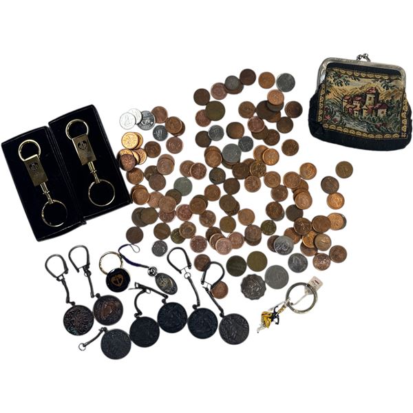 Assorted World Coins, Needle Point Coin Purse, Assorted Key Rings