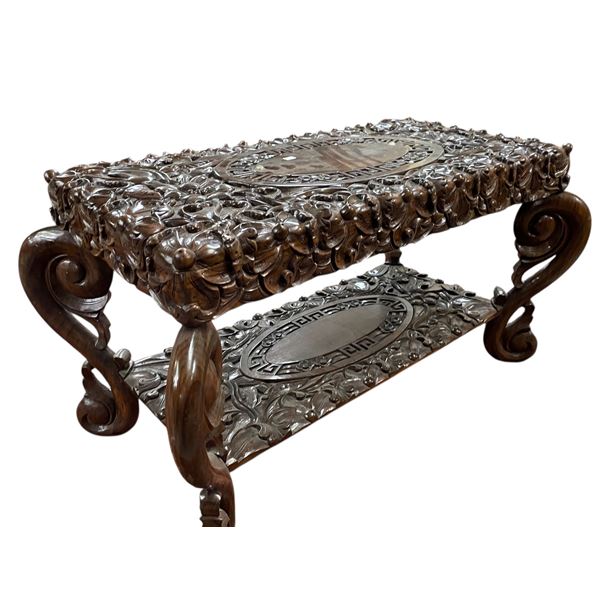 Beautiful Vintage Rosewood Carved Floral Detailed Coffee Tabel with crack on Top