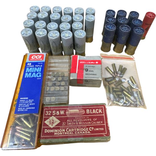 Ammunition Lot 12 gauge. 22, 9mm & 32 S&W