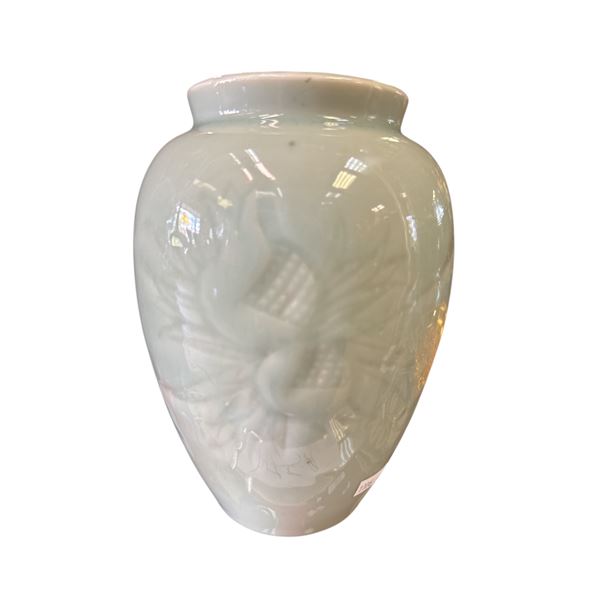 Vintage Asian Light Green Glazed Pottery Vase w Poppy Details