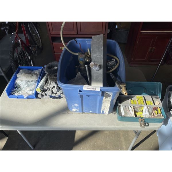 TOTE OF LARGE BOLTS, FUSES, TORCH AND MORE