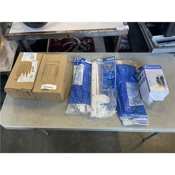 ASSORTED CLOSET HANGER HARDWARE, PORTABLE HEATER AND SOAP DISPENSERS ETC