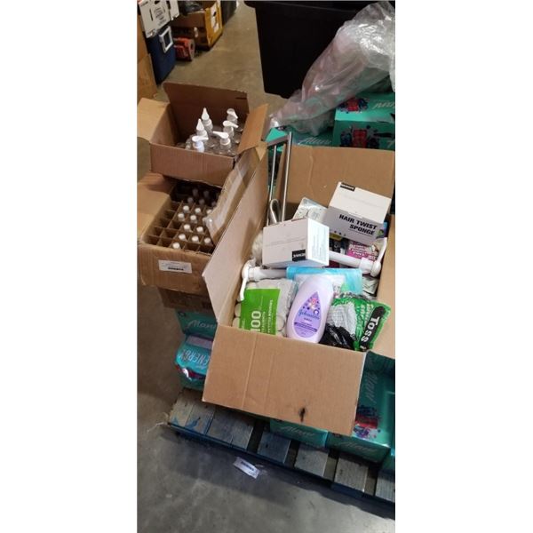 3 BOXES OF WET WIPES, SANITIZER, SHOWER HEAD AND MORE