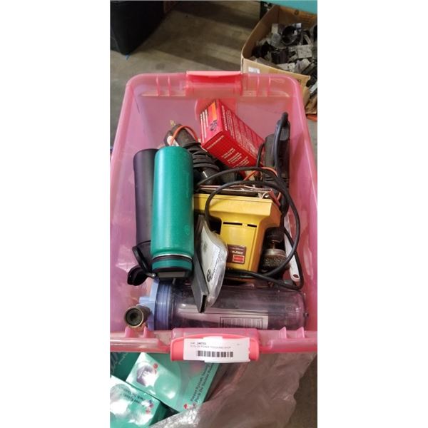 TOTE OF POWER TOOLS AND SHOP SUPPLIES