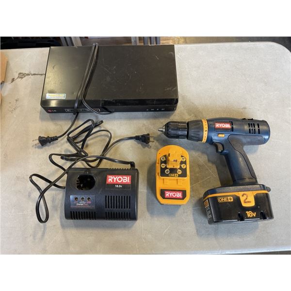 RYOBI 18V DRILL WITH 2 BATTERIES AND CHARGER, WORKING