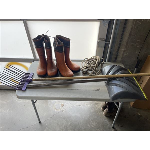 3 PAIRS OF BOOTS, ROPE, SHOVEL AND RAKE