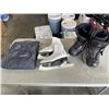 Image 1 : SIZE 8.5 WOMENS SNOWBOARD BOOTS AND BEAVER CANOE SIZE XXL SNOW PANTS, ICE SKATES