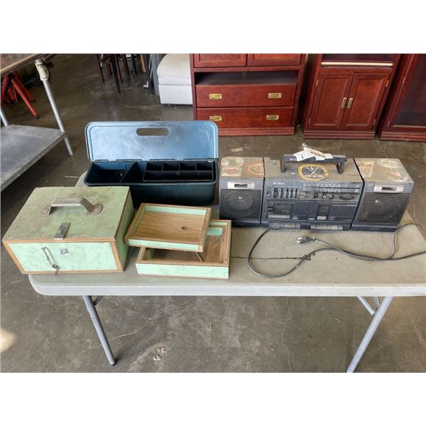 DECORATIVE NESTING BOXES, STEREO AND SHOE SHINE KIT