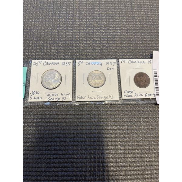 3 CANADIAN 1937 COINS - FIRST KING GEORGE VI SILVER 25 CENT .800
