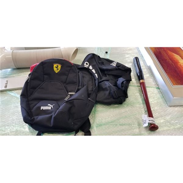 PUMA AND ADDIAS BAGS, RAWLINGS SMALL SIZE BAT, AND FIRST AID KIT