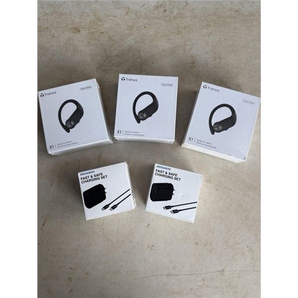3 NEW TRANYA X1 SPORTS HEADPHONES, AND 2 NEW USB TYPE C CHARGER 2PACKS