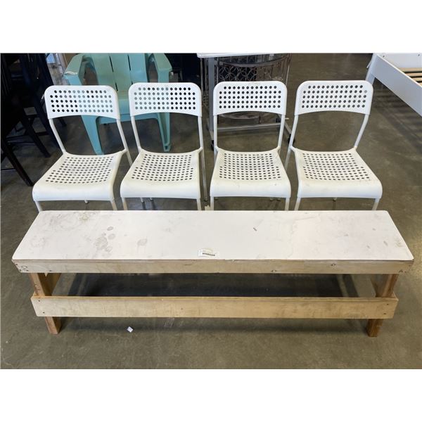 WOODEN BENCH AND SET OF 4 STACKING CHAIRS