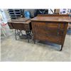 Image 1 : ANTIQUE 3 DRAWER DRESSER AND WHITE SEWING MACHINE CASE WITH TREADLE BASE