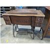 Image 2 : ANTIQUE 3 DRAWER DRESSER AND WHITE SEWING MACHINE CASE WITH TREADLE BASE