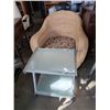 Image 1 : WICKER CHAIR AND SMALL ROLLING TABLE