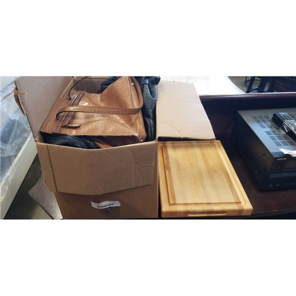 ASSORTED PURSES AND BAGS, LEATHER DUFFEL, AND WOOD CUTTING BOARD