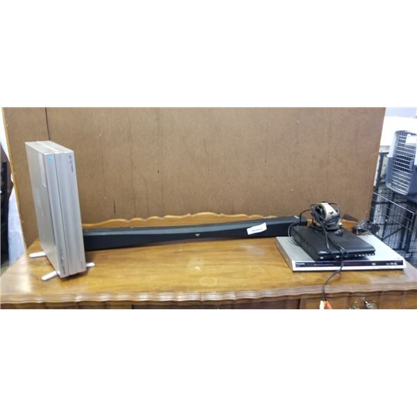 PANASONIC DVD PLAYER, SHARP RECIEVER, VIZIO SOUNDBAR AND DIGITRON DVD PLAYER