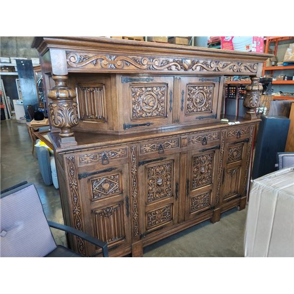 ANTIQUE 2PC SERVING CABINET, HIGHLY CARVED AND DETAILED WITH METAL HARDWARE, 7FT WIDE, 6FT TALL