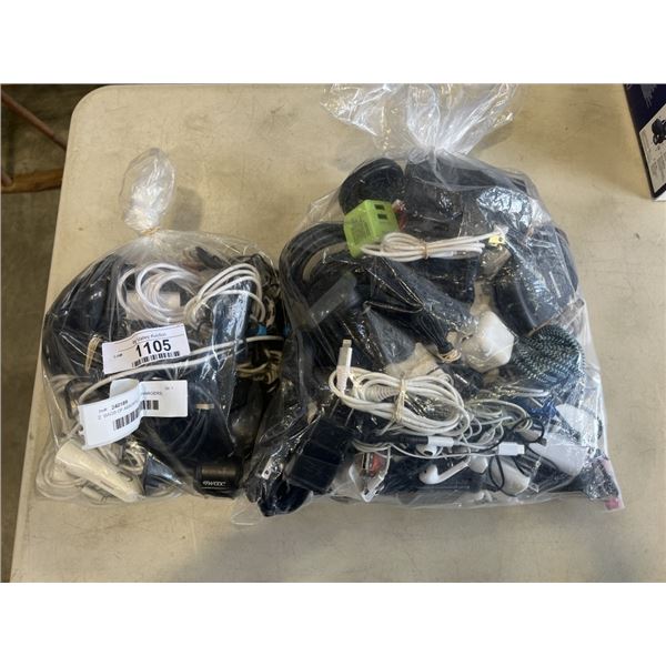 2  BAGS OF ASSORTED USB CHARGERS, POWER ADAPTORS AND SMALL ELECTRONICS