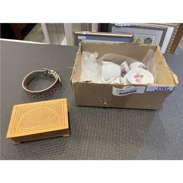 MINIATURE TEA SET, CARVED DRESSER BOX AND LEATHER DOG COLLAR