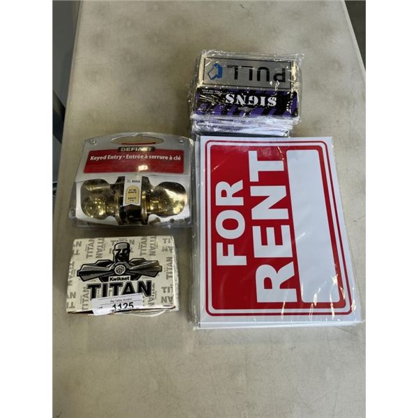 LOT OF NEW OPEN SIGNS, PULL SIGNS, DEFIANT DOOR HANDLE AND DEAD BOLT