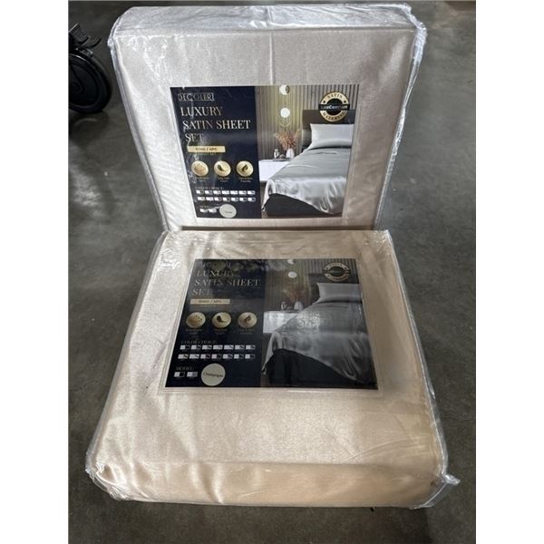 2 NEW  KINGSIZE 4PC LUXURY SATIN SHEET SETS, CHAMPAGNE AND TAUPE
