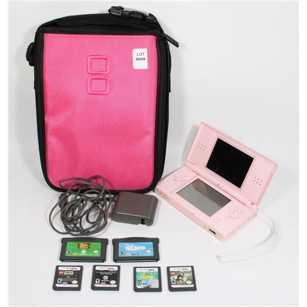 NINTENDO DS LITE WITH CARRY CASE, CHARGER, AND 6