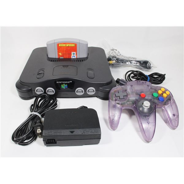 NINTENDO 64 CONSOLE WITH CORDS, 1 CONTROLLER, AND