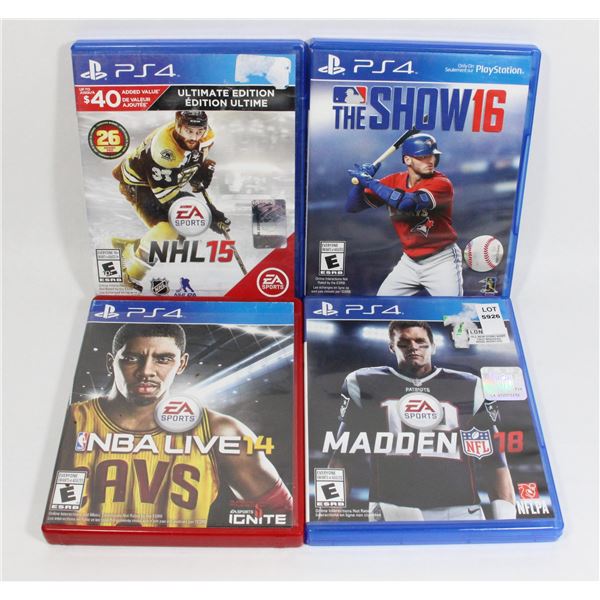 4 PS4  SPORTS GAMES MADDEN NFL 18, NBA LIVE 14,