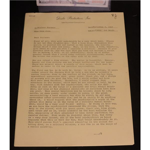 STAR TREK GENE L. COON RESPONSE TO UNUSED SCRIPT DATED SEPTEMBER 5, 1967