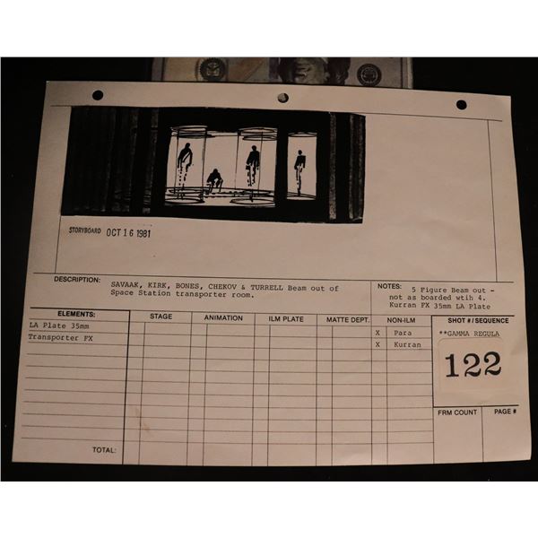 STAR TREK II THE WRATH OF KAHN STORYBOARD WITH TRANSPORTER ROOM SC 122 DATED OCTOBER 16, 1981