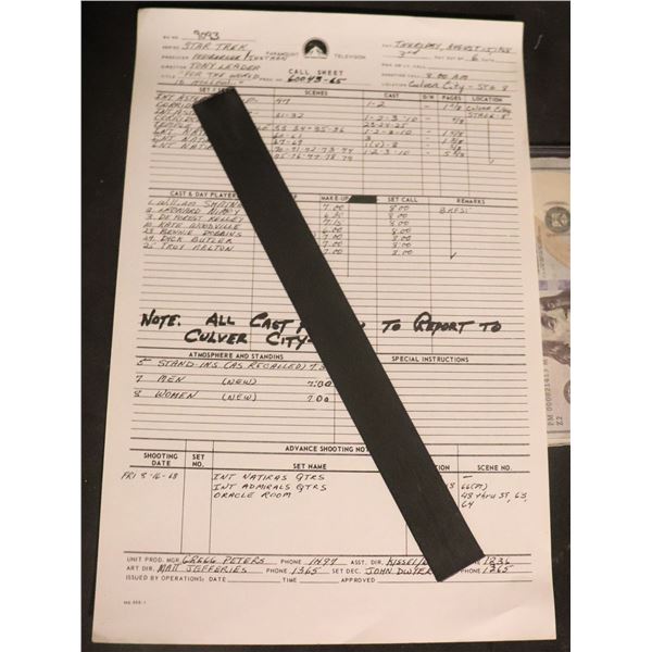 STAR TREK FOR THE WORLD IS HOLLOW PRODUCTION CALL SHEET DATED AUGUST 15, 1968