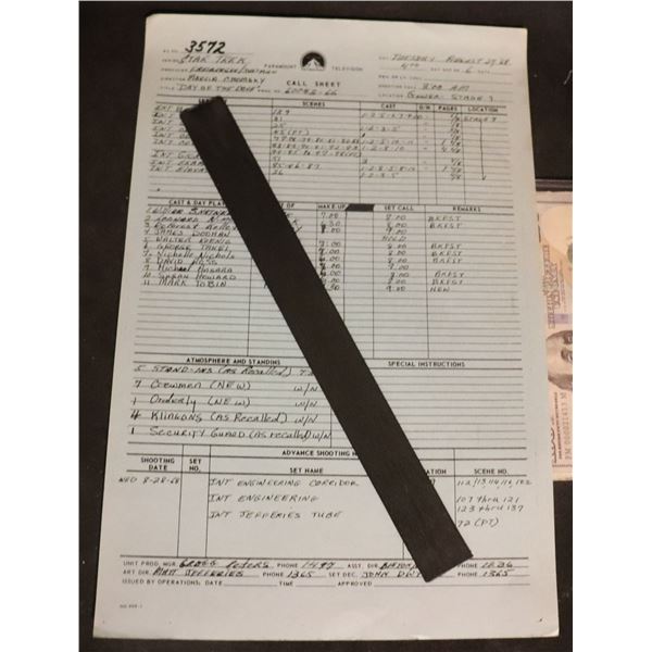 STAR TREK DAY OF THE DOVE PRODUCTION CALL SHEET DATED AUGUST 27, 1968!