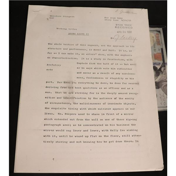STAR TREK SHORE LEAVE II PRODUCTION STORY LINE DATED APRIL 26, 1968
