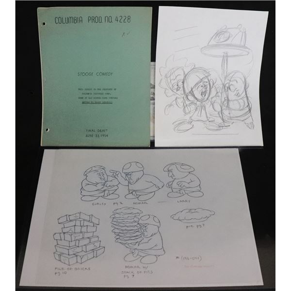 NO RESERVE THE 3 STOOGES SHOOTING SCRIPT DATED JUNE 23, 1954 & 80's ANIMATED SERIES CONCEPT DRAWINGS