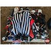 Image 1 : Pallet Lot - Variety Hockey Gear : Selection of Skates; Pads; Gloves; Ref Gear; Pucks; Flames Jersey